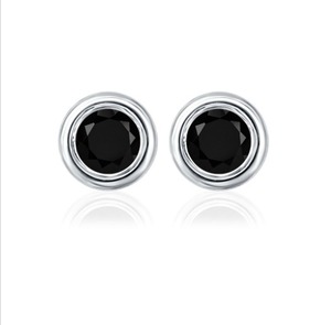 Romantic Natural Black Onyx Bezel <b>Set</b> <b>Stud</b> <b>Earrings</b> Rhodium Plated Sterling <b>Silver</b> Engagement Wedding Anniversary Gift - Product Image 2