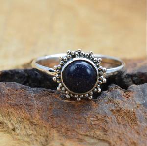 แหวนเงินแท้925ทำด้วยมือสำหรับผู้หญิงพลอยหินทรายสีฟ้าการตั้งค่ากรอบกลมสไตล์คลาสสิกสำหรับปาร์ตี้ - Product Image 4