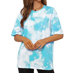 Nuevo estilo para mujer, camisetas de manga corta con cuello redondo y tinte de corbata, ajuste cuadrado, logotipo bordado personalizado, patrón sólido, camisetas de talla grande para mujer - Product Image 4