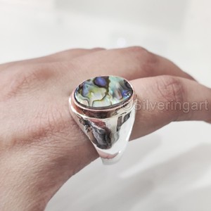 Vente en gros de bagues pour hommes en forme de coquillage d'ormeau naturel et de pierres précieuses, toutes tailles, bijoux pour anniversaires arabes, bagues en argent sterling 925 - Product Image 4