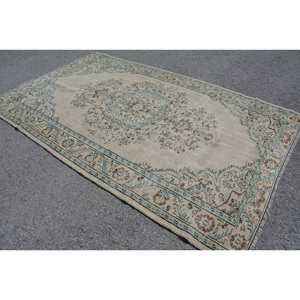 Classic Beige Blue Vintage <b>Turkish</b> Rug 5.8 X 9.4 ft Wool Patchwork Living Room <b>Carpet</b> with Latex Backing for Teens - Product Image 2