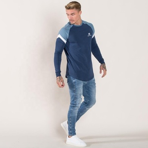 T-shirt uni en coton respirant de haute qualité pour hommes manches longues coupe ajustée hauts de gymnastique impression à col rond pour le Fitness - Product Image 2