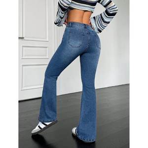 Elegantes jeans acampanados de cintura alta para mujer, color azul piedra, de mezclilla elástica, estilo casual urbano, tallas 26 a 40 - Product Image 2