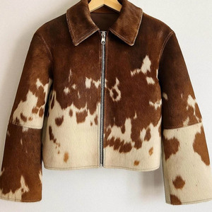 Cheveux d'impression de vache pour femmes sur la veste en cuir de peau Style occidental Zip complet sur le devant avec texture de fourrure naturelle - Product Image 4