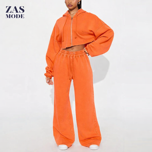 2026 Distressed Zip Hoodie Custom Logo Women's Winter Two-Piece <b>Sweatpants</b> Set 100% Cotton Eco-Friendly Joggers - Product Image 1