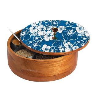 Caja de especias de madera clásica Masala Dabba/Masala Dani Set Cocina con diseño étnico impreso en madera Siete especias de acero dorado - Product Image 2