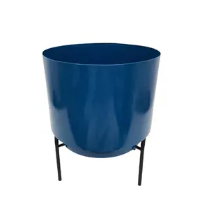 Standard Look Metal Shiny Blue Floor Round Planter With Black Stand Luxury Design Pot For Garden Home Decor Handmade Customized