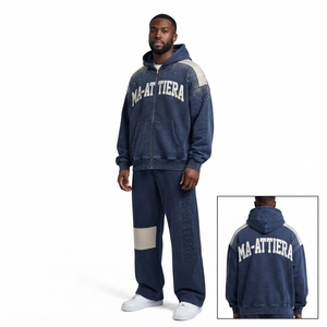 Conjunto de chándal de dos piezas para hombre, estilo streetwear, con sudadera con capucha azul marino extragrande con cremallera y pantalones deportivos holgados. - Product Image 1