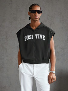 Custom Silk Screen Printing Winter Loose Fit <b>Men's</b> Hooded <b>Sleeveless</b> 100% Cotton Zipper-Up Workout Gym <b>Hoodie</b> - Product Image 4