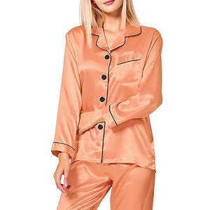 Pyjama en satin tissé en soie/coton deux pièces pour femmes, col en V, taille élastique, style décontracté d'hiver, uniquement, séchage rapide, longueur complète, personnalisé - Product Image 4