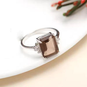 Anillos de aniversario de compromiso de banda minimalista, Joyería de diamantes de piedra de cuarzo ahumado con corte octogonal de moda para anillo de plata de boda - Product Image 5