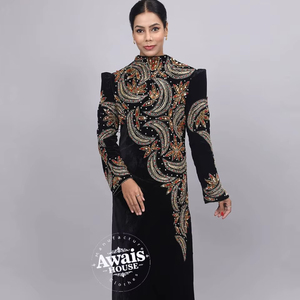 Caftán Abaya Islámico Modesto de Terciopelo AWAIS HOUSE - Cuello Alto, Manga Larga, Largo hasta el Suelo, Talla Grande, Estilo Marroquí, Hecho a Mano con Cuentas - Product Image 1