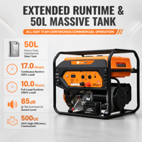 Générateur à essence à refroidissement par air, châssis ouvert, 9 kW nominaux, 9500 W maximum, réservoir de 50 L, démarrage par lanceur, pour situations d'urgence et chantiers