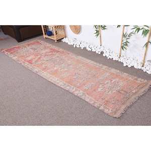 Vintage 2.7x9.6ft Classic Bohemian Geometric <b>Wool</b> Rug <b>Pink</b> Beige Patchwork Design Latex Backing for Hallway Rectangle Room Decor - Product Image 1