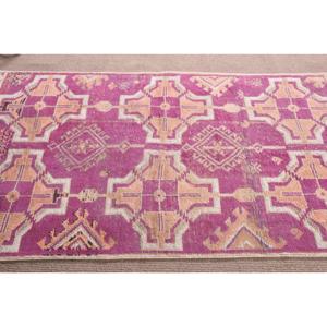 4x7.2 ft Rug, Turkish Vintage Rug, Pink <b>Yellow</b> Check <b>Wool</b> Rug - Product Image 4