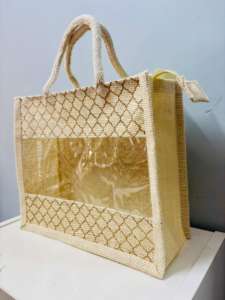 Bolsas de regalo de yute bohemias XL Ventana de PVC transparente Cremallera duradera cruzada de moda para cesto a granel Embalaje personalizable - Product Image 5