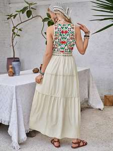 Women's Elegant <b>Summer</b> Casual Maxi <b>Dress</b> Short <b>Sleeves</b> Natural Waist 100% Cotton Woven Fabric Washable Custom Logo Machine - Product Image 5