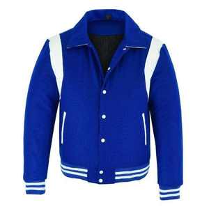 Veste universitaire à col montant avec bande en cuir blanc, veste de baseball classique bleue chauffée pour l'hiver pour hommes - Product Image 2
