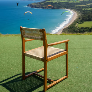เก้าอี้ทานอาหารแบบมีที่วางแขน ทำจากไม้เนื้อแข็งและหวายธรรมชาติ ดีไซน์ทันสมัย เรียบง่าย เหมาะสำหรับใช้งานกลางแจ้ง ผลิตด้วยมือ - Product Image 1