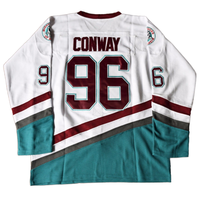 Maillot de hockey sur glace personnalisé Mighty Ducks Conway 96, imprimé, pour homme, blanc, bleu sarcelle, marron, manches longues, en sergé, anti-humidité