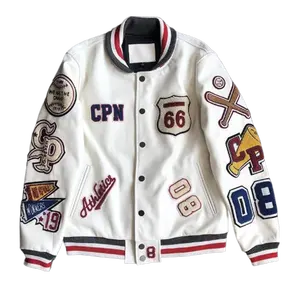 Stripe pattern on cuffs and bottom hemline Side pockets Genuine Leather Sleeve and Wool Blend Varsity Jackets Letterman APL-2001