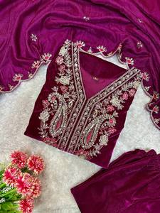 PARTY WEAR TOP Y PLAZO CON FANCY DUPPATA Y TRABAJO BORDADO - Product Image 3