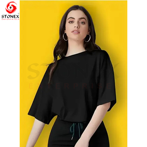 Top corto de algodón de gran tamaño para mujer, camiseta informal con hombros caídos y cuello redondo, manga corta, Jersey holgado de Color sólido XL para verano - Product Image 1