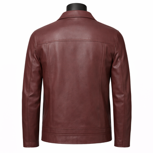 Veste zippée unie en similicuir bordeaux pour homme, coupe ajustée, style court, veste en cuir tendance pour homme - Product Image 2