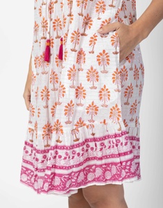 Bohemian Floral Print Mid-Calf <b>Dress</b> Cap Sleeve V-neck A-Line 100% Cotton Eco-Friendly <b>Loose</b> Fit Summer Casual Women's <b>Dress</b> - Product Image 5