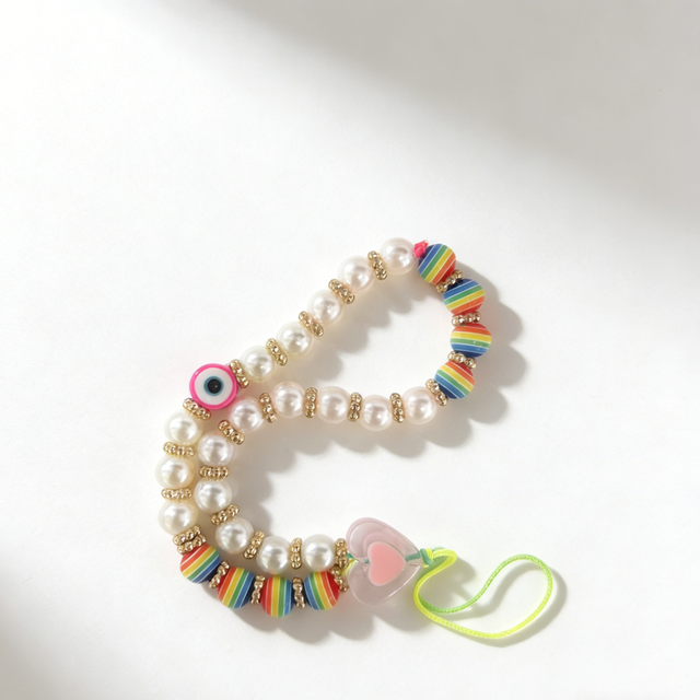 DAM Y2K Beaded Bracelet Pearl Rainbow Evil Eye Design with Star LOVE 30cm Mobile Phone Strap