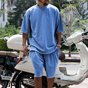 Custom Two-Piece Men's XL Size Short Shirt Set High Quality Cotton Acid Wash Printed Solid Design Customised Plus Size - Product Image 3