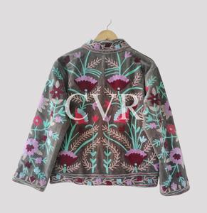 Abrigo de Terciopelo con Bordado Floral a Mano, Cuello Mandarín, Manga Larga, Talla Grande, Ropa Exterior Casual de Otoño para Mujer - Product Image 2