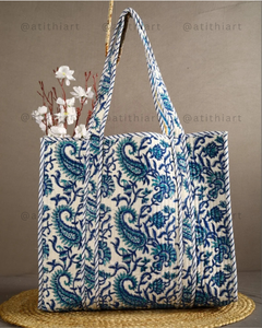 Premium Eco-friendly Cotton Quilted <b>Tote</b> Bag <b>with</b> <b>Zipper</b> & Long Shoulder Strap Soft Padded 100% Cotton Shopping Bag for Women - Product Image 4