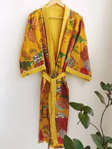 ชุดคลุมแบบกิโมโนพิมพ์ลายดอกไม้สีเหลืองผ้าคอตตอนสองชั้นความยาวถึงพื้นผ้าธรรมชาติส่งออกโดยตรง - Product Image 3