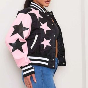 แจ็คเก็ตสตรีทแวร์สไตล์วาร์ซิตี้ลายดาว ปี 2025 แจ็คเก็ตบอมเบอร์แบบเรโทร ตัดต่อผ้าปะติดปะต่อ ปักลายตัวอักษรแบบเลตเตอร์แมน ซับในผ้าฝ้ายถัก - Product Image 5