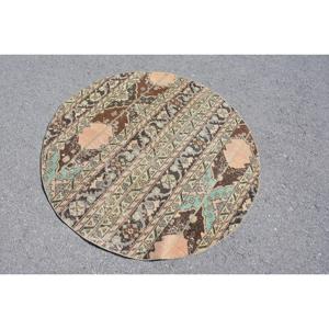 Alfombra Turca Vintage, Redonda de 4.2x4.2 pies, Alfombra de Lana a Cuadros Marrón y Azul - Product Image 4