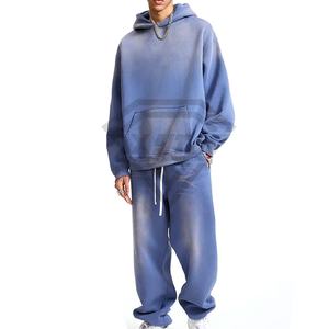 Conjunto deportivo de dos piezas lavado con ácido de gran tamaño Vintage para hombre, chándales de algodón 100% con logotipo personalizado al por mayor, chándales de talla grande en blanco para invierno - Product Image 1