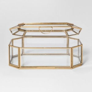 Vintage <b>Octagon</b> Brass And Clear Glass Jewelry Box With Hinged Lid Golden Metal Frame <b>Mirrored</b> Base Elegant Display Storage Box - Product Image 3