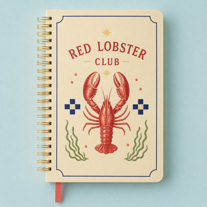 Quaderno LABON personalizzato Red Lobster Club con copertina color crema, illustrazione vintage di un aragosta, stelle dorate, motivo <span class=keywords><strong>a</strong></span> <span class=keywords><strong>quadretti</strong></span>, alghe marine, rilegatura <span class=keywords><strong>a</strong></span> spirale. - Product Image 3