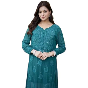 knee length dresses for ladies Green Hand Embroidered Palazzo Suit with Cut Dana Work – CNP Associates LLC main image 0