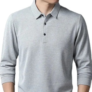 T-shirt uni à manches longues gaufrées pour hommes élasticité loisirs vêtements d'automne confortable col rabattu polos décontractés 4XL - Product Image 3