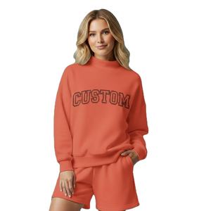Conjunto de Top de Cuello Alto con Bordado a Máquina y Pantalones Cortos hasta la Rodilla para Mujer, en Felpa de Poliéster y Algodón Suave y Elástico para Invierno - Product Image 1