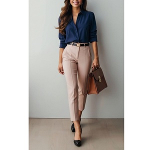Conjunto de pantalones de dos piezas formales de oficina plana de verano para mujer Pantalones lápiz de mezcla de algodón y LICRA Servicio OEM de BD - Product Image 6
