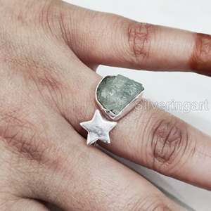 Bague pour femme en argent sterling 925 avec pierre brute naturelle d'aigue-marine, pierre de naissance de mars, bijou étoile - Product Image 4