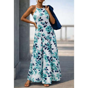 Vestido Maxi con Estampado Floral para Mujer de Jane's, con Tirantes Finos y Cuello Halter, Vestido Casual de Verano de Punto con Hombros Descubiertos - Product Image 2