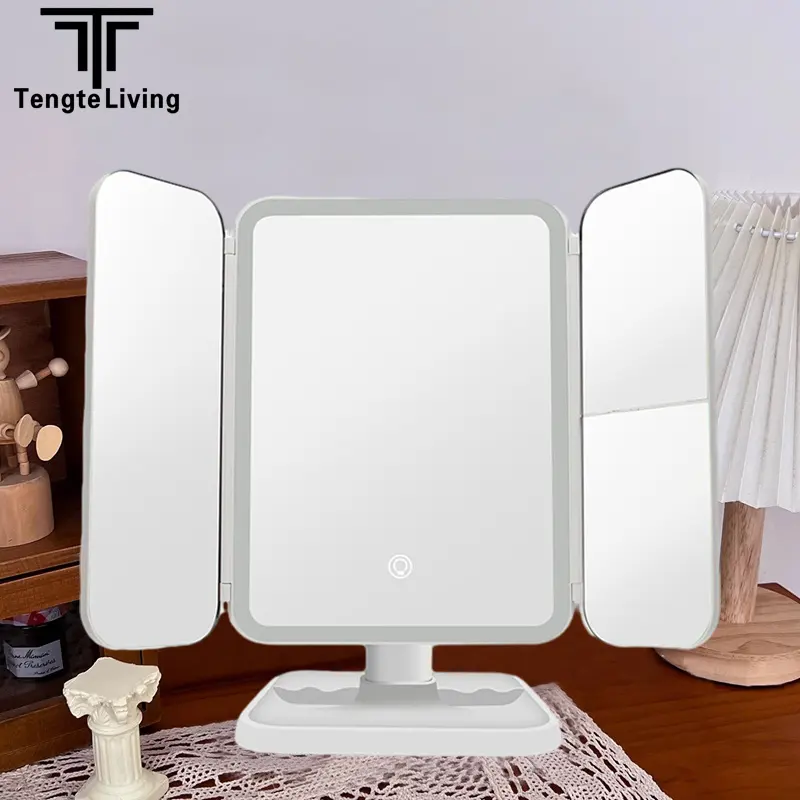 Desktop Tri-Fold Square Makeup Mirror Plastic Material with X2 X3 Magnification LED Light Touch Switch Dimming Cosmetic Use