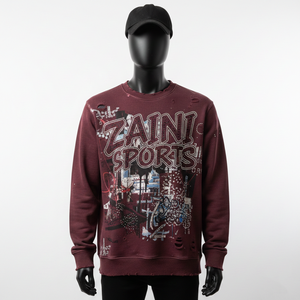 High Quality 320 GSM Men Pullover Sweatshirt <b>Soft</b> Cotton Fleece Maroon Custom Graphic Logo Rhinestone Print Basics Sweatshirts - Product Image 1