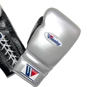 ถุงมือชกมวยแบบผูกเชือก Winning สีเงิน-ดำ หนังแท้ สำหรับฝึกซ้อมและแข่งขันมืออาชีพ ใช้ในโรงยิม ขนาด 8oz 10oz 12oz - Product Image 3