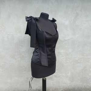 Designer Women's Satin <b>Black</b> <b>Corset</b> Top Oversized Bow Unique Silhouette Bustier for Luxury Party Event Wear Firm Control Thin - Product Image 2