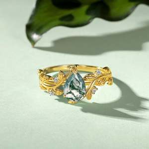 Anillo Romántico de Plata 925 Chapado en Oro de 18K para Mujer con Ágata Musgo Corte Pera y Detalles de Diamantes, Diseño de Planta para Uso Diario - Product Image 4